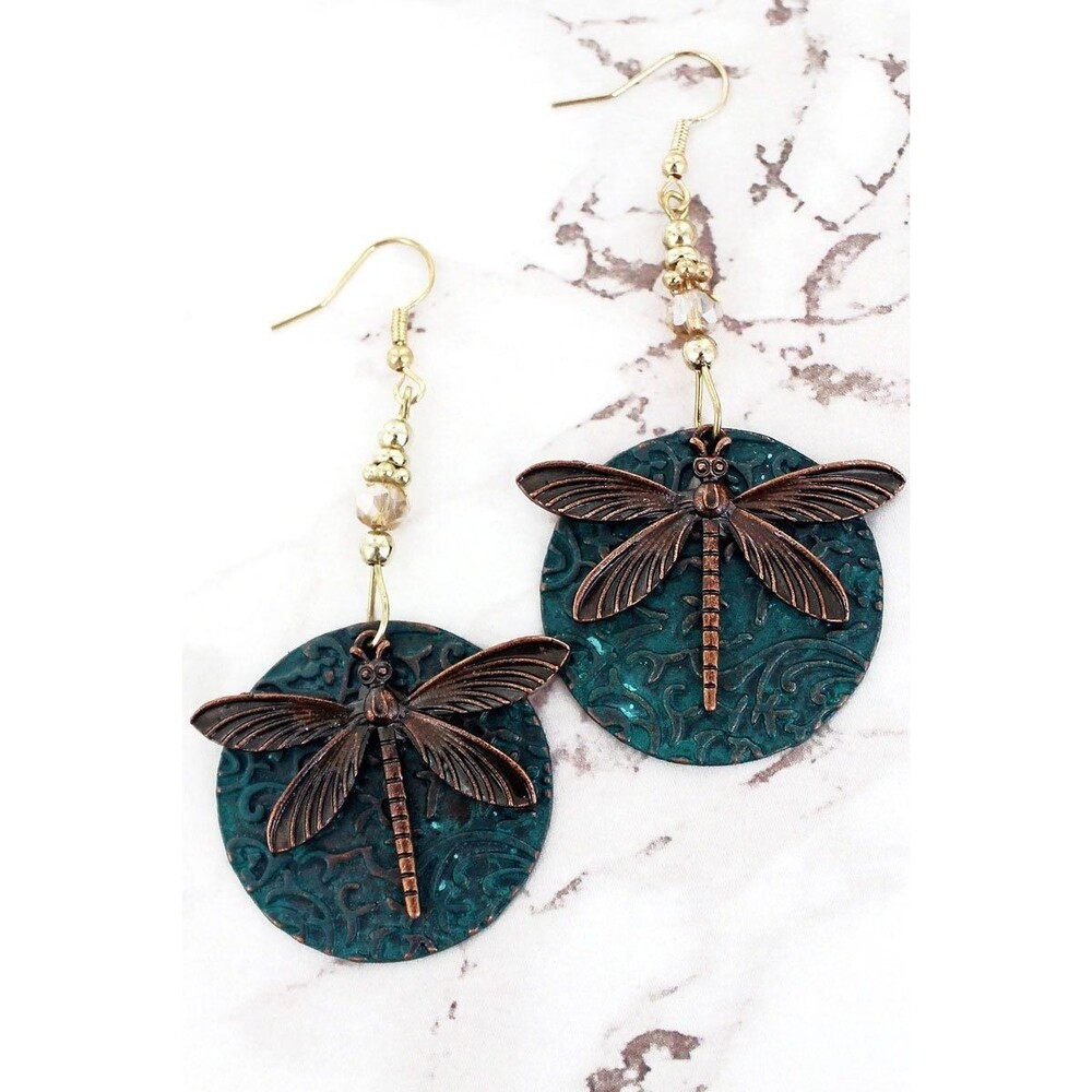 Copper Dragonfly Earrings Disc Fish Hook - Cottage Core, Dragonfly Jewelry Boho